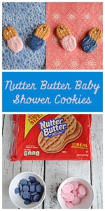 Pin image: Four cookies decorated to look like babies, title, A package of nutter butter cookies, blue candy melts, pink candy melts