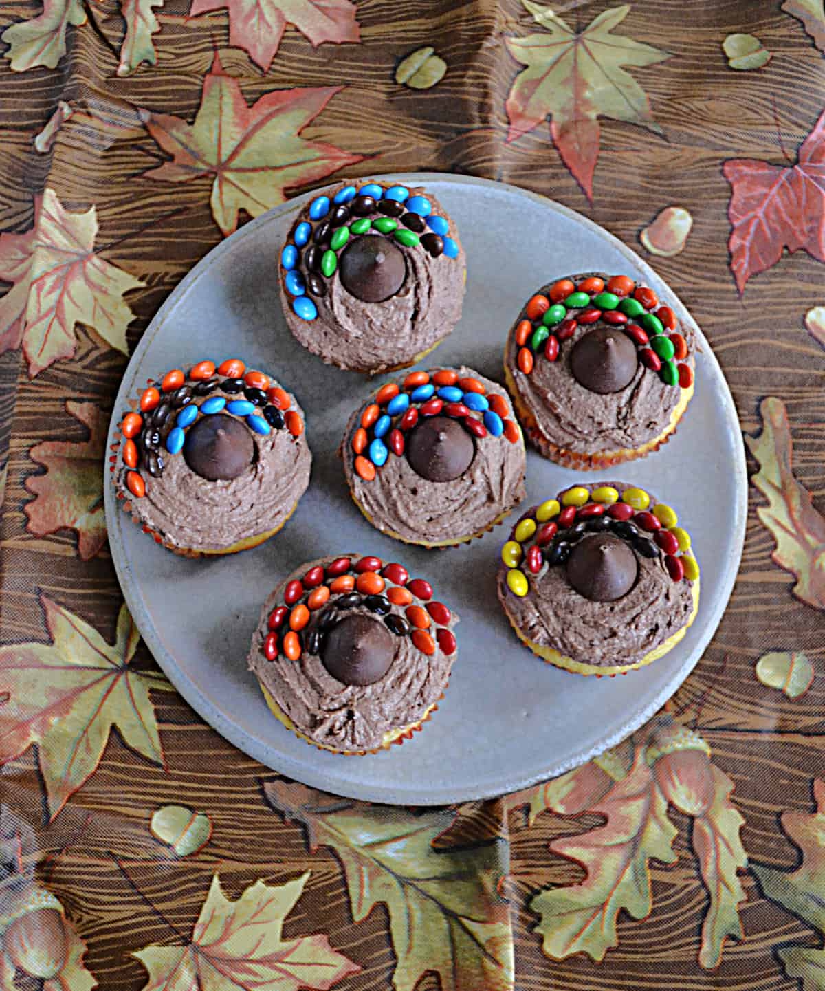 Cupcakes with a Hershey Kiss and mini M&M's on top. 