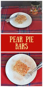 Pin Image: A plate topped with a Pear Pie Bar drizzled with caramel sauce, two forks on the plate, and a coffee cup sitting behind it, text, an overhead view of a plate with a pear pie bar drizzled with caramel sauce and two forks on the plate.