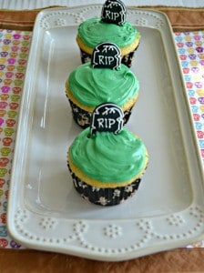 Vanilla Cupcakes topped with graveyards