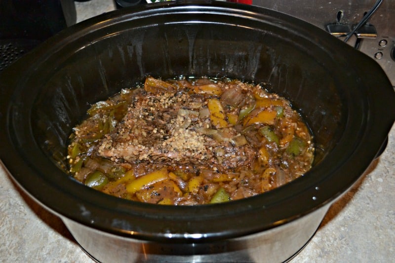 Slow Cooker Italian Pot Roast Sandwiches with peppers and onions.