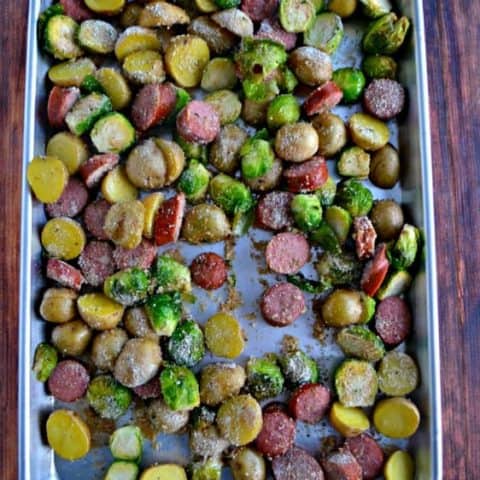 Sheet Pan Supper with Kielbasa, Potatoes, and Brussel Sprouts