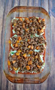 Lasagna layered with Certified Angus Beef brand ground beef, butternut squash, leeks, and Brussels Sprouts