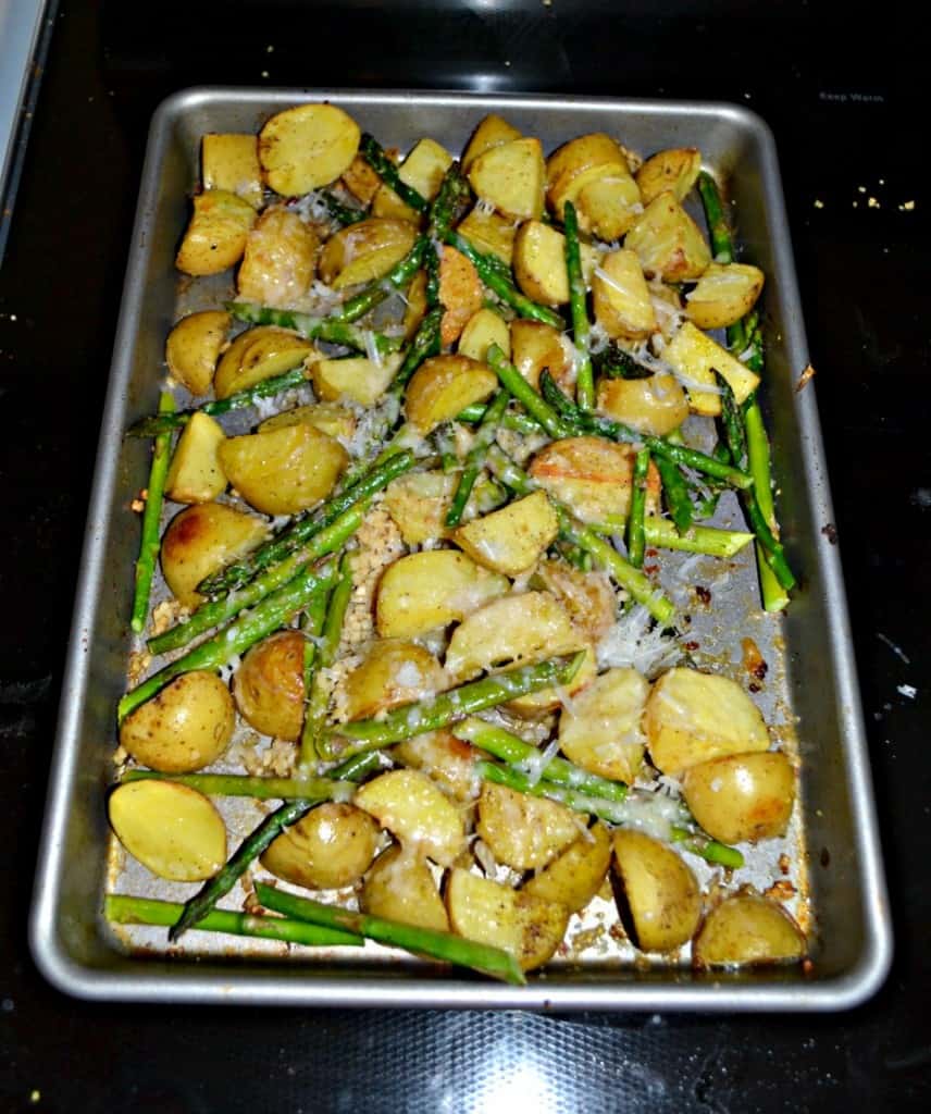 Bake delicious Cheesy Roasted Potatoes and Asparagus