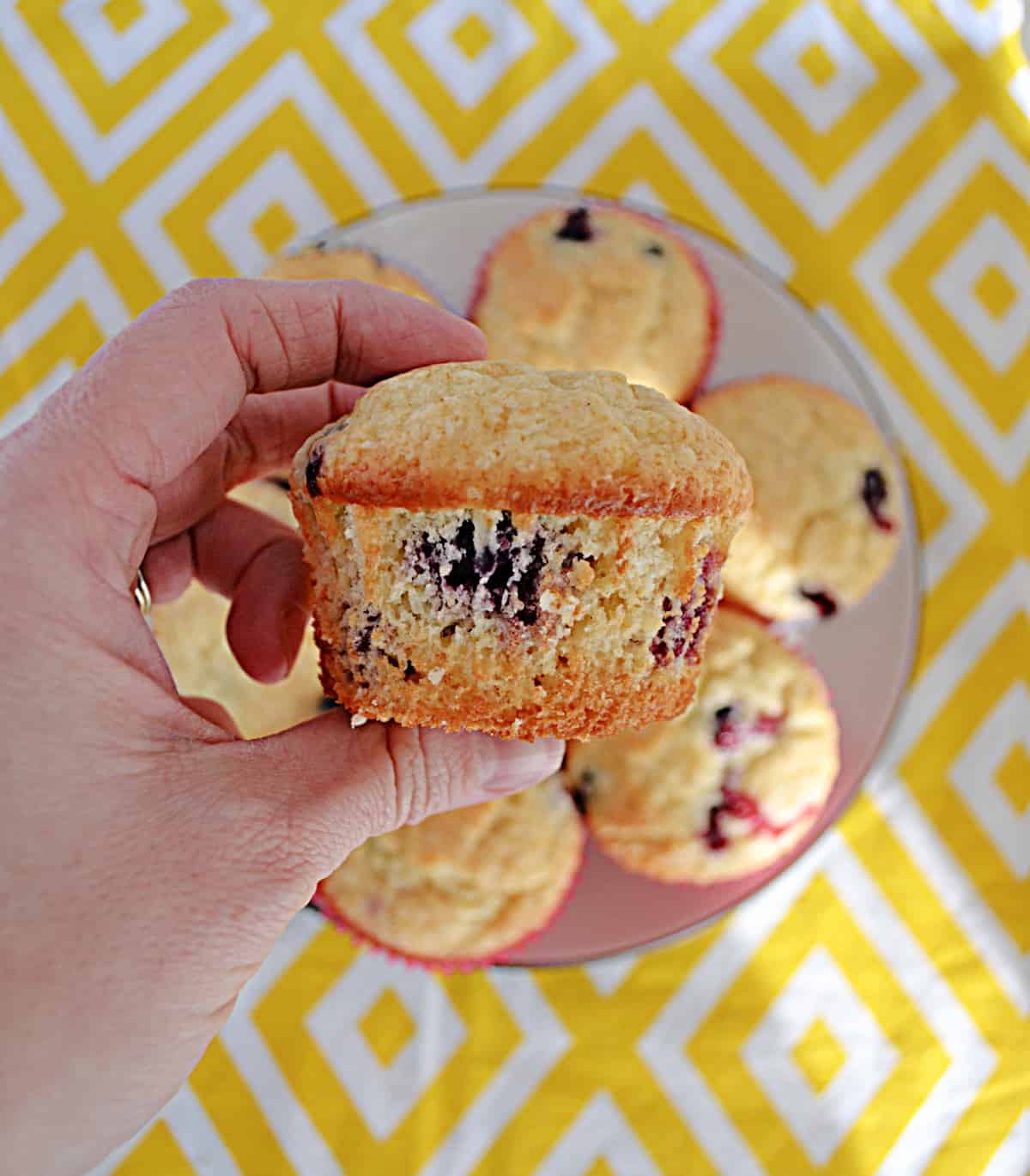 A hand holding a blueberry lemon muffin from the side.