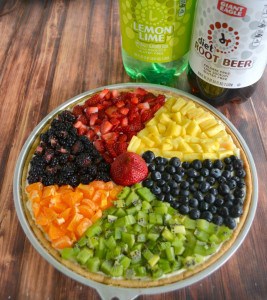 Beach Ball Fruit Pizza and drinks are all you need for a pool party!