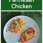 Pin Image: Text Title, a plate with a pice of chicken and a scoop of vegetable gratin on it.