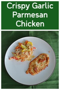 Pin Image: Text Title, a plate with a pice of chicken and a scoop of vegetable gratin on it.