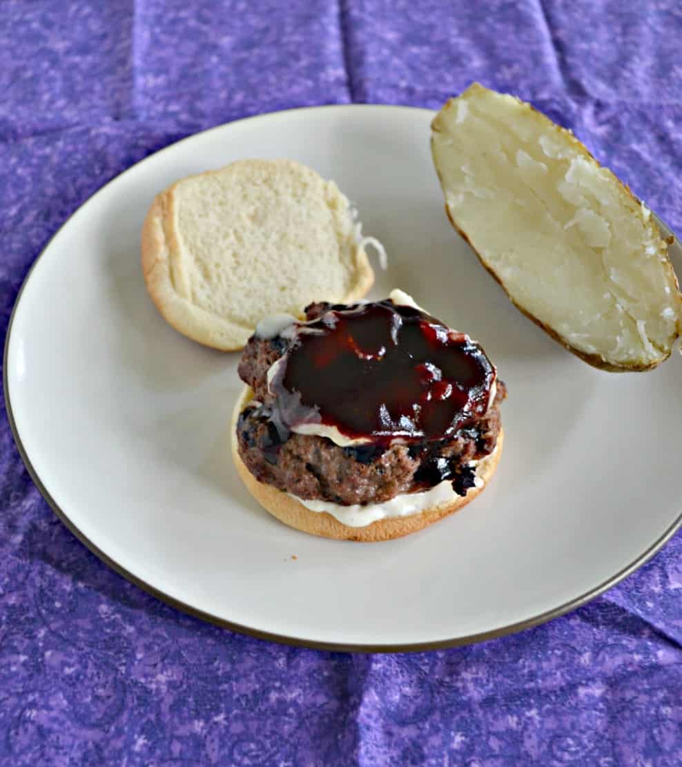 Burgers with Blueberry BBQ Sauce, Brie, and Lemon Shallot Aioli is a flavorful burger!