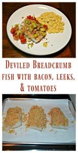It's easy to make this Deviled Breadcrumb Fish with Bacon, Leeks, and Tomatoes