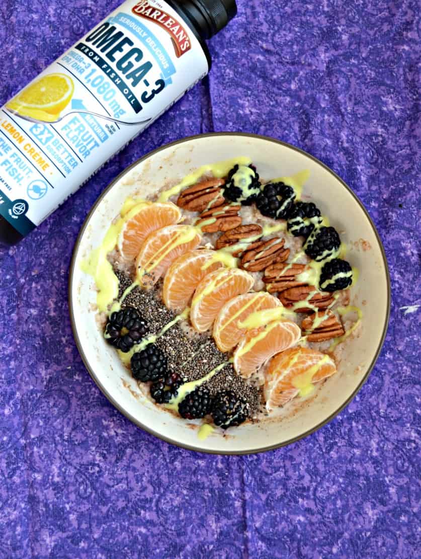 I can't get enough of this Blackberry Pecan Oatmeal Bowl with Lemon Creme Omega-3s Drizzle
