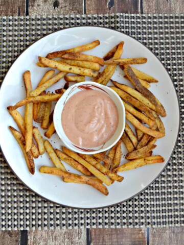 Air Fryer Old Bay French Fries with dip are perfect for a side dish or appetizer!