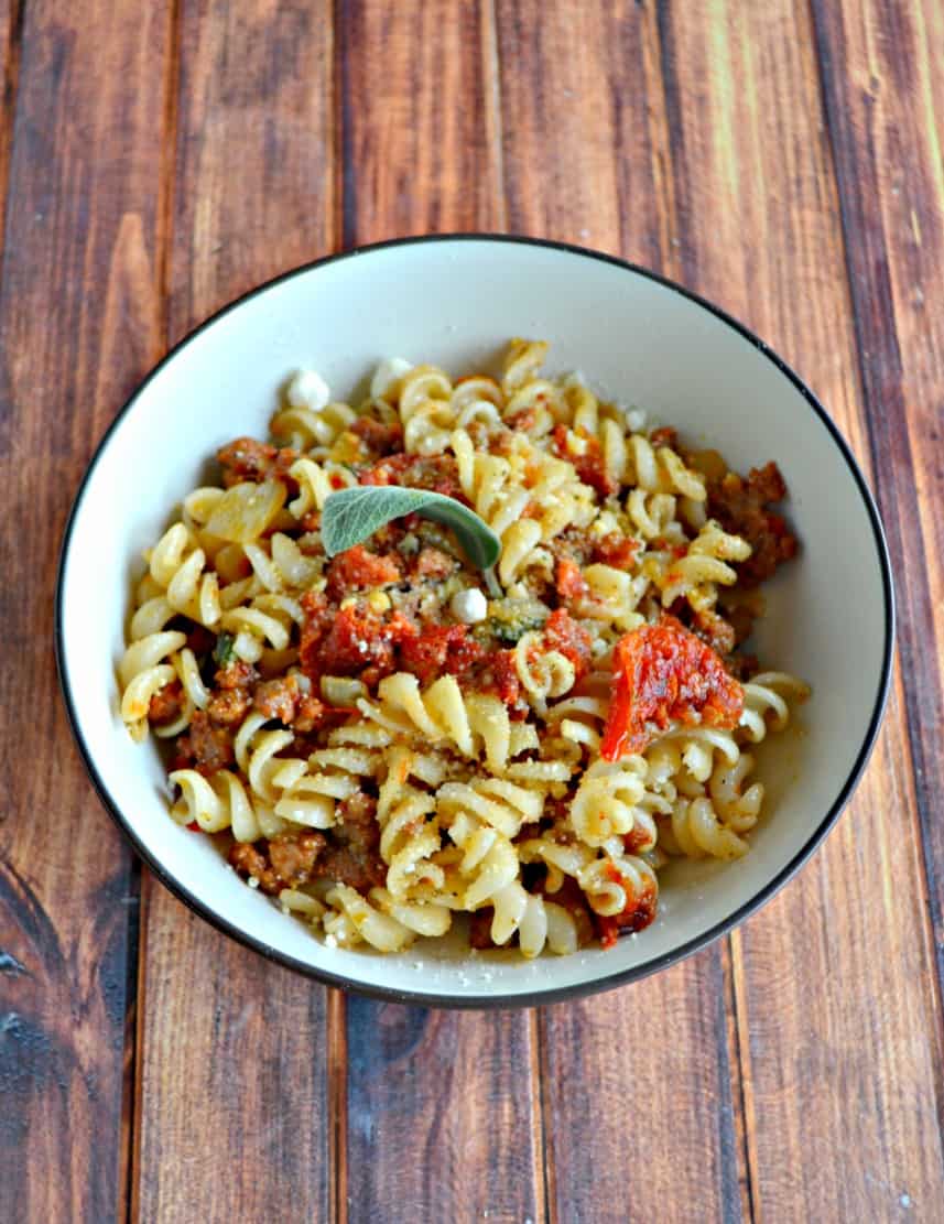 Gluten Free Pasta with Chorizo and Sun Dried Tomatoes in a Lemon Sage Butter Sauce