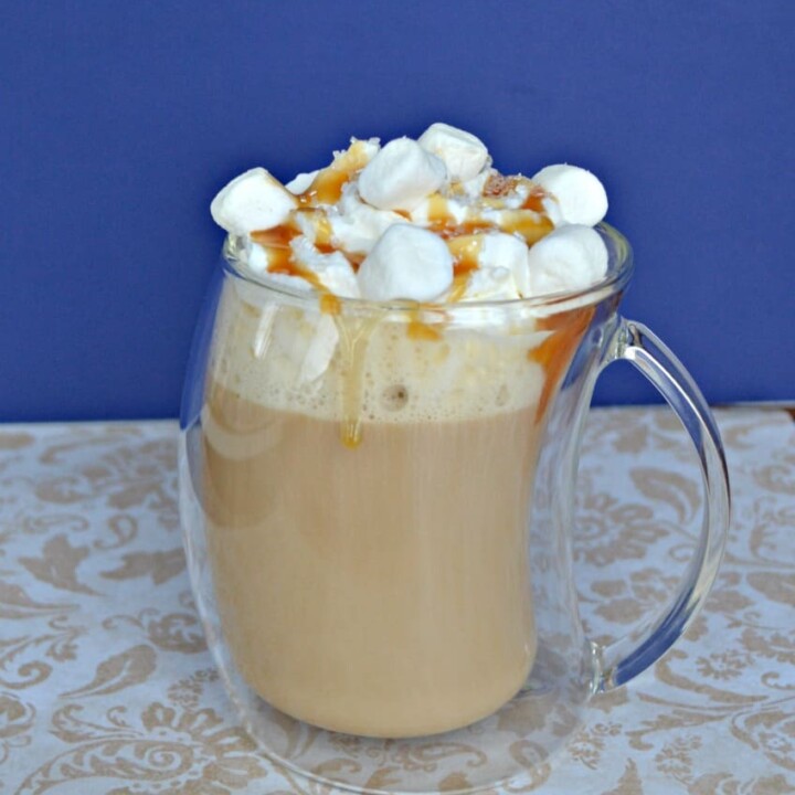 Caramel Marshmallow Latte topped with whipped cream, marshmallows, and caramel!