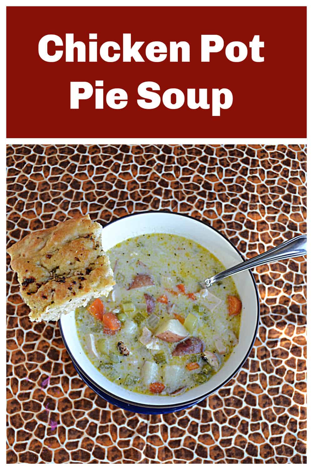 Pin Image:   Text title, a bowl of soup with a piece of bread on the side. 