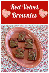 Pin Image: Text, a plate with five red velvet brownies swirled with melted chocolate.