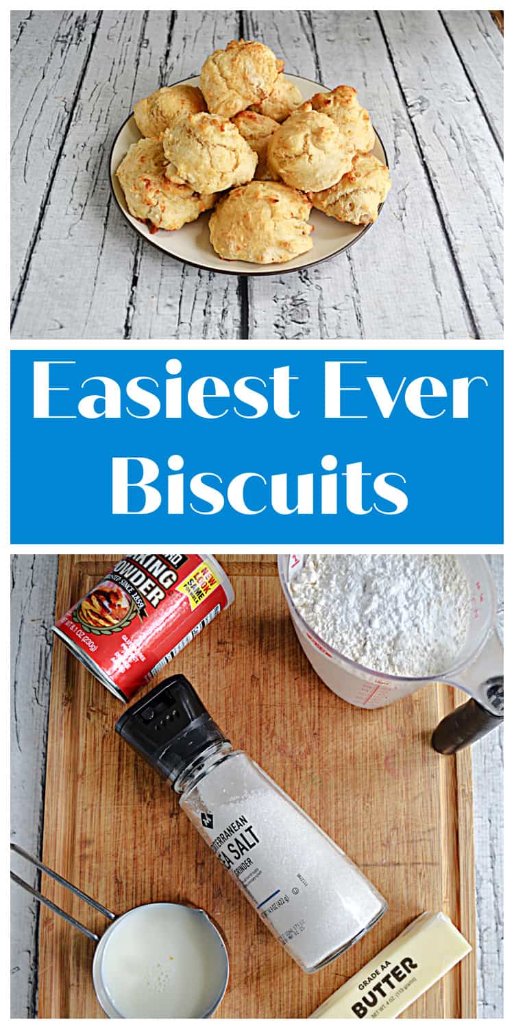Pin Image:  A plate of biscuits, text title, a cutting board with a cup of flour, a salt shaker, a stick of butter, a can of baking powder, and milk.
