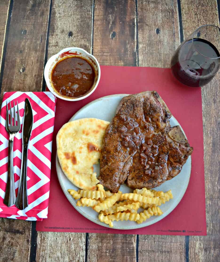 Coffee Rubbed Porterhouse Steaks with Red Wine Chocolate Sauce
