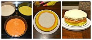 Pin Image: Three cake pans with a white cake, yellow cake, and orange cake, a cake round with yellow, orange, and white frosting on it, a side view of a candy corn cake.