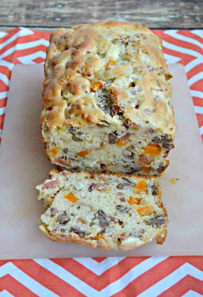 Pecan Bacon Bread studded with bacon, peppers, pecans, and onions.