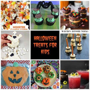 Pin Collage: Halloween popcorn, Frankenstein cupcakes, Pudding cups topped with pumpkins, Ghost cookies, text title, Cheese brooms, pumpkin cake, monster donuts, pink drink.