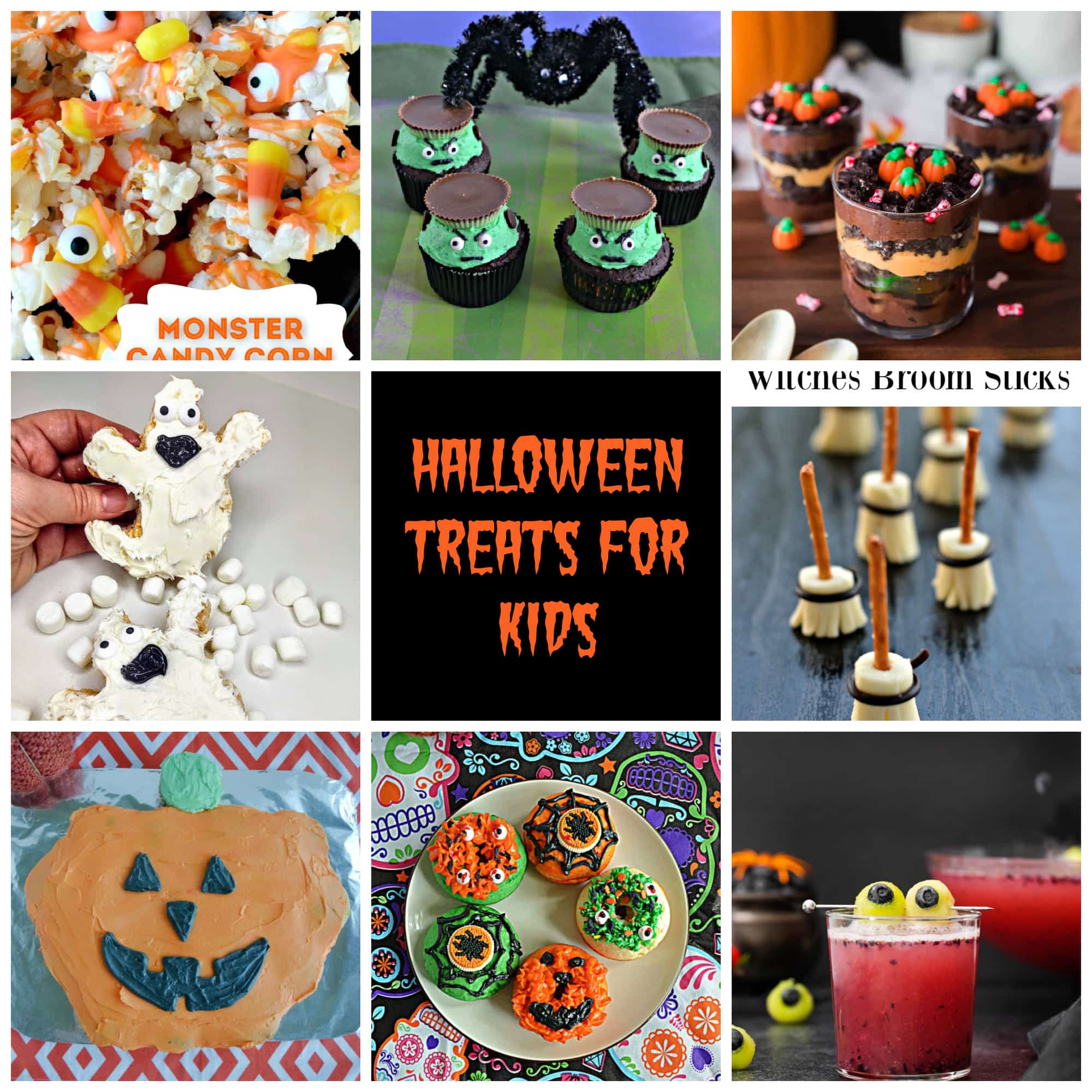 Pin Collage:   Halloween popcorn, Frankenstein cupcakes, Pudding cups topped with pumpkins, Ghost cookies, text title, Cheese brooms, pumpkin cake, monster donuts, pink drink.