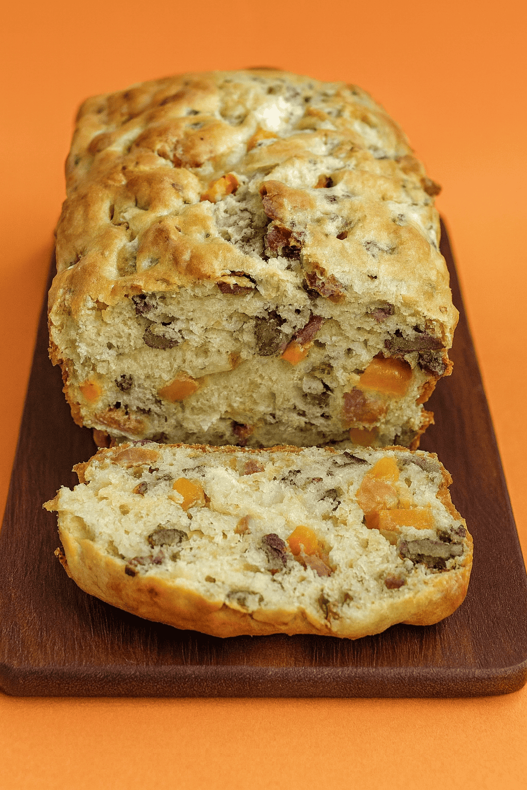 A close up of a loaf of bread with a slice cut out of it.