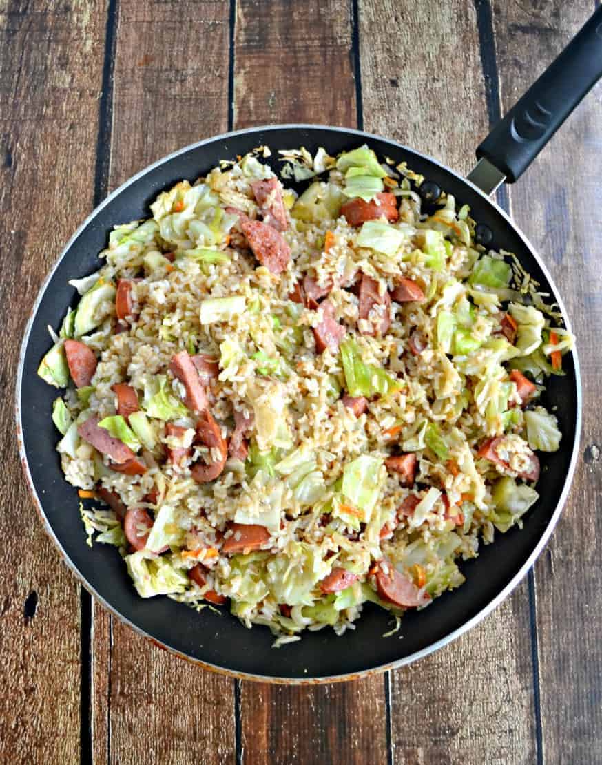 Kielbasa and Cabbage Skillet with Buttered Rice:  A $5 Meal
