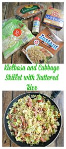 Budget Friendly Kielbasa and Cabbage Skillet with Buttered Rice is a hearty and balance budget meal coming in at just $5 for a family of 4.