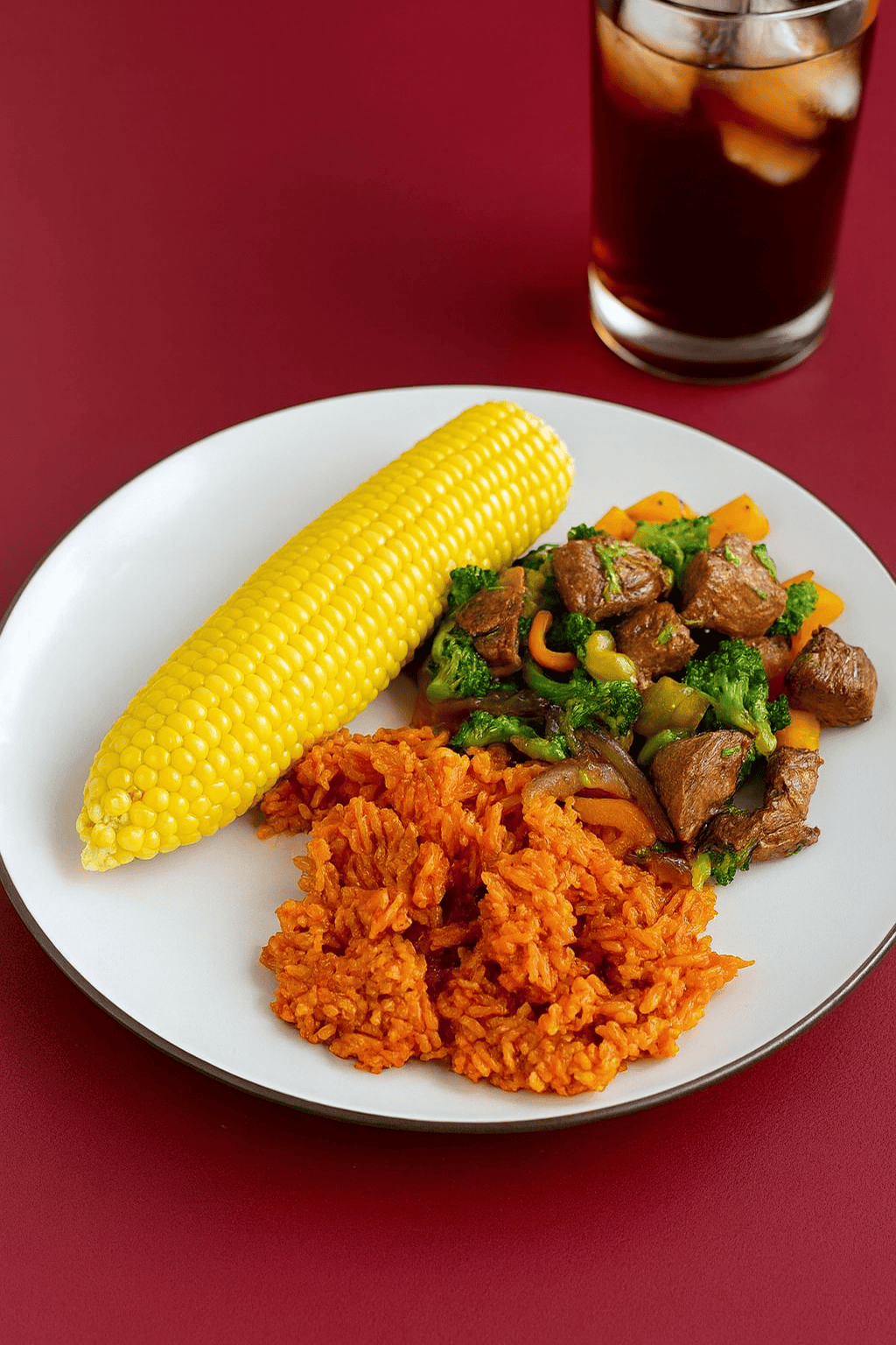A plate of corn on the cob, red rice, beef and vegetables, with a glass of iced tea behind the plate.