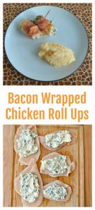 Pin Image: Two Chicken roll ups with bacon on the outside edge with potatoes on the side, flat pieces of chicken topped with a spinach cream cheese mixture, text overlay.