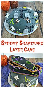 This Spooky Graveyard Layer Cake has two different designs you can put on the top! Choose from a gingerbread coffin or a graveyard scene