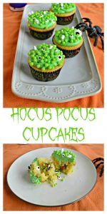 Pin Image: A platter of cupcakes with green frosting and eye balls on them, text title, a plate with a cupcake cut open and sprinkles falling out.