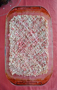 A pan of Candy Cane Rice Krispies Treats.