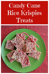 Pin Image: Text title, A plate of Candy Cane Rice Krispies Treats with a candy cane on top.