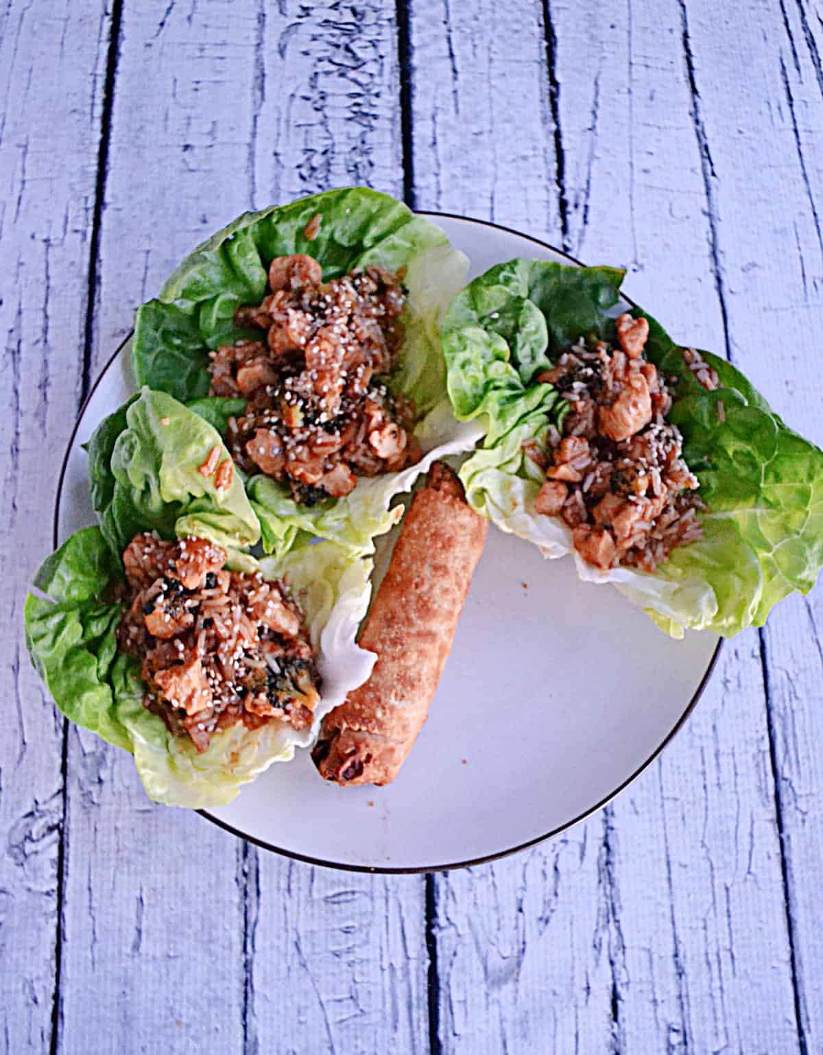 A plate with three leafs of lettuce filled with chicken and rice.