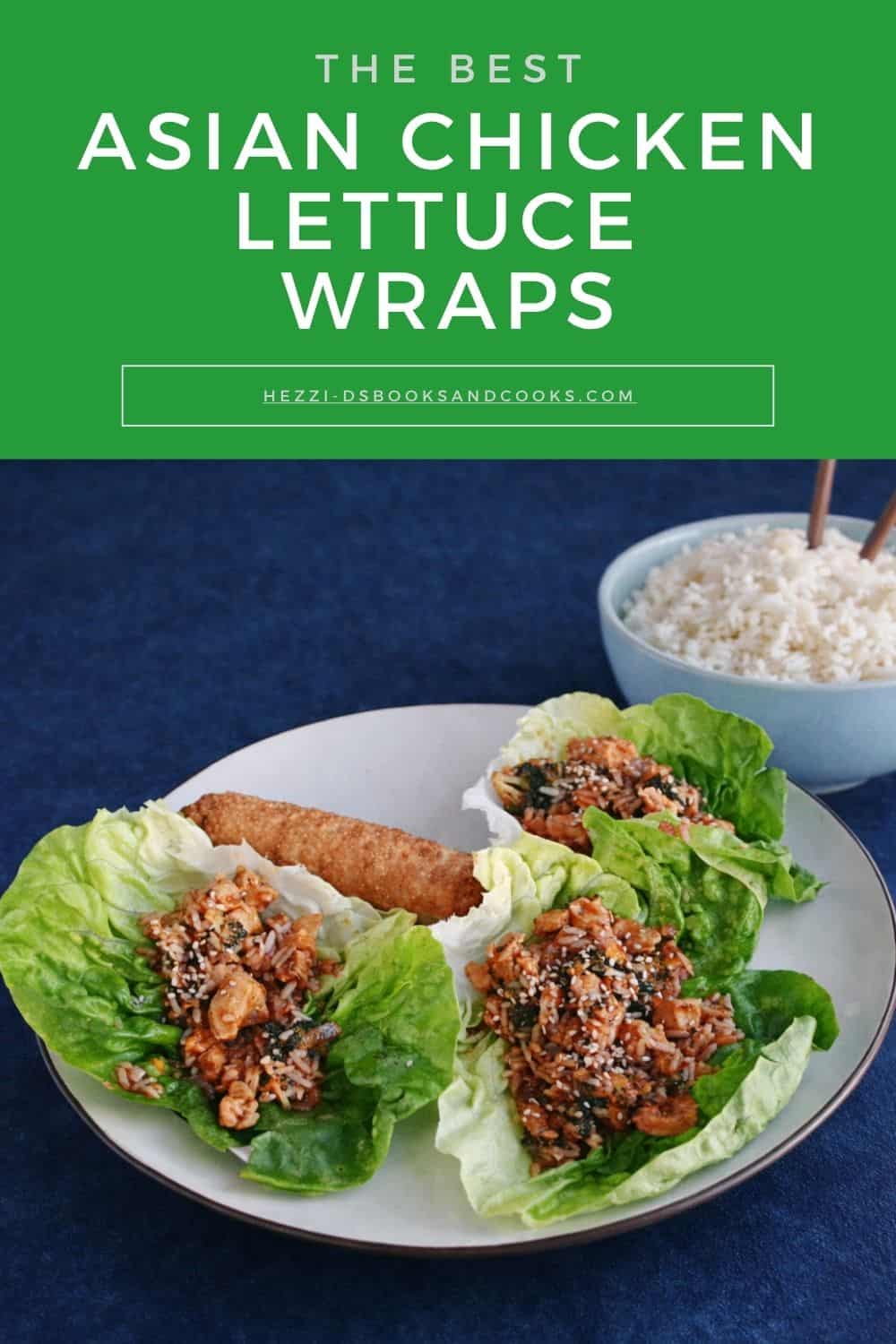 Pin image: Title, a plate with lettuce wraps on it and a bowl of rice with chopsticks in the background.