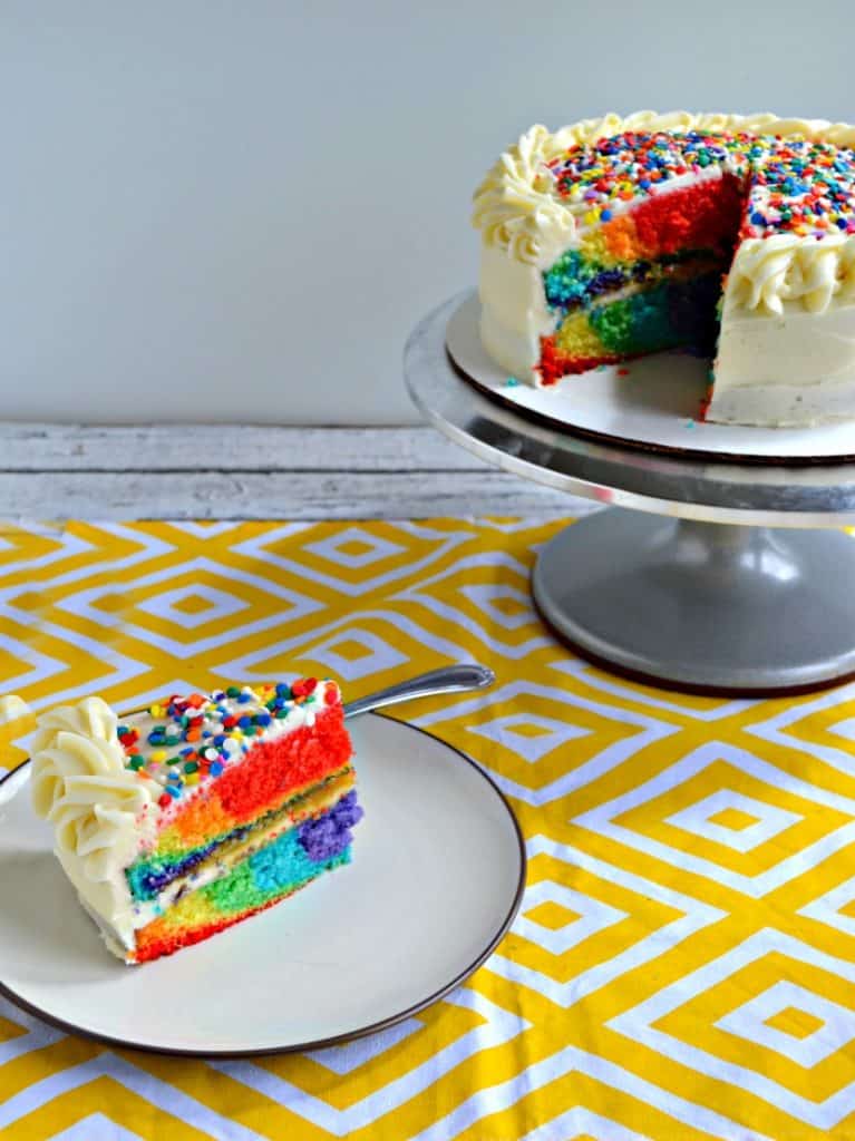 A slice of Rainbow Tie Dye Cake