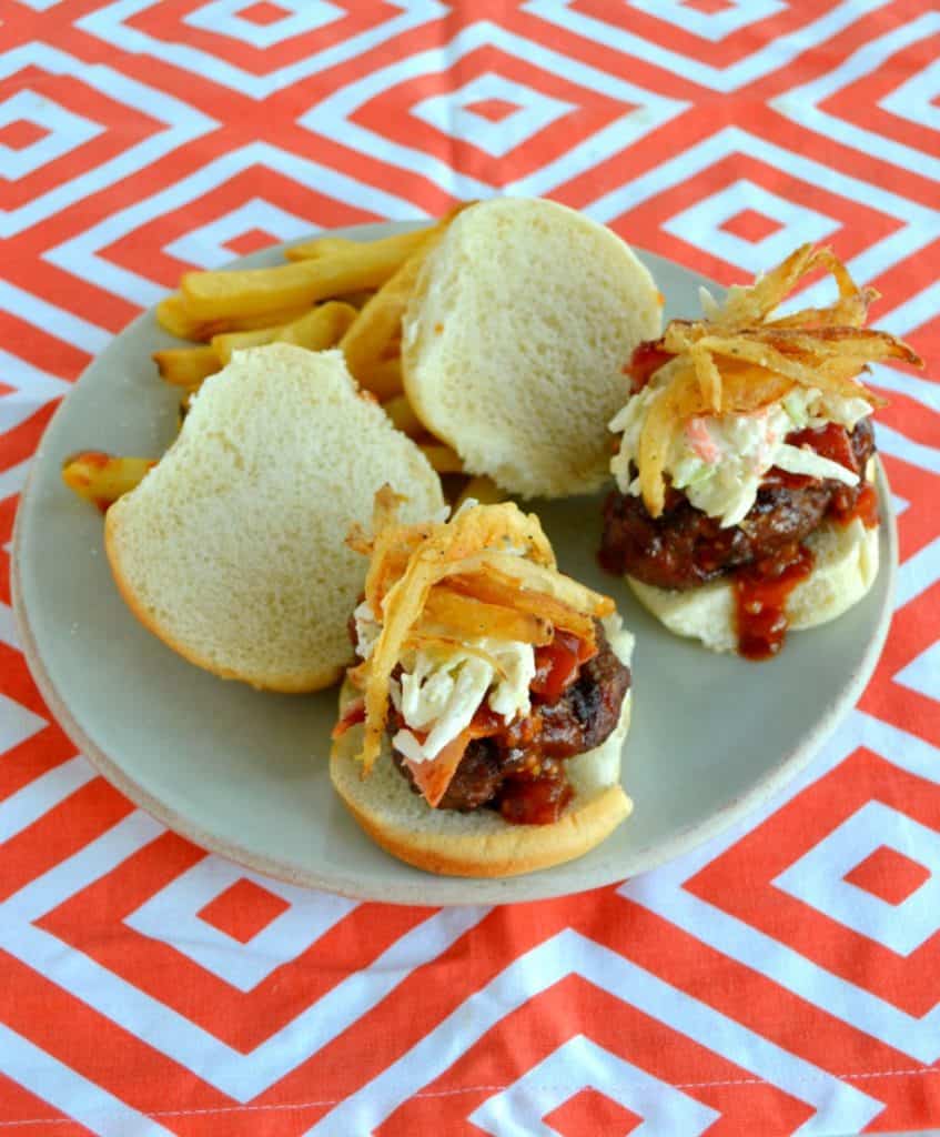Beef and Chorizo Sliders with slaw and onion straws