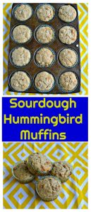 Pin Image: Top image is a muffin tin with hummingbird muffins, bottom image is 4 stacked hummingbird muffins on a yellow placemat all with a text overlay