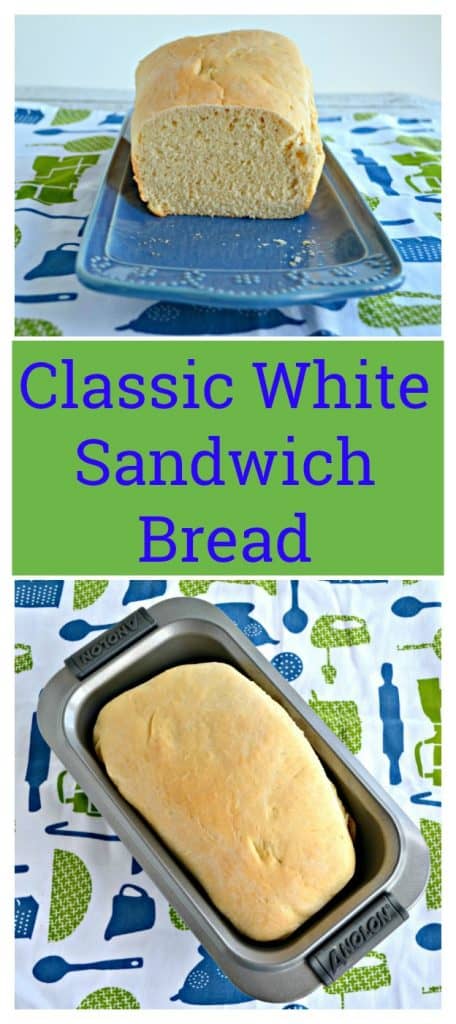 Pin Image: View of cut loaf of sandwich bread, white sandwich bread in a bread pan, text overlay