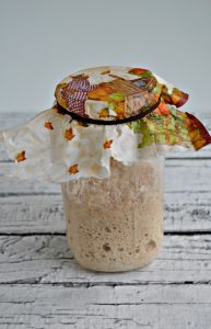 Glass jar with bubbling sourdough starter and a fall napkin covering the top