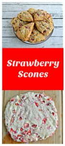 Pin Image-Strawberry Scones piled on a plate, a photo of the scone dough studded with strawberries, overlay of text