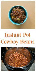 Pin Image: A bowl of baked beans on an orange backdrop, text overlay, top view of an Instant Pot piled high with beans and ground beef.