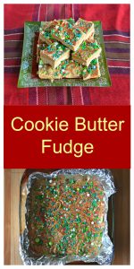 Pin Image: A plate of fudge on a green plate sitting on a red plaid tablecloth, text overlay, a pan of fudge.