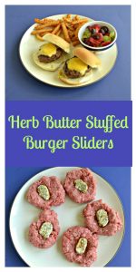 Pin Image: A plate with two burger sliders, a handful of fries, and a cup of mixed fruit on a blue background, Text Overlay, a plate with 5 burger patties each with a butter and herb square in the middle.