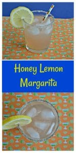 Pin Image: Margarita in a glass with a slice of lemon and a sstraw, text overlay, top view of a margarita.
