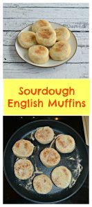 Pin Image: A plate of 6 English muffins, text overlay, 6 English muffins cooking in a black skillet.