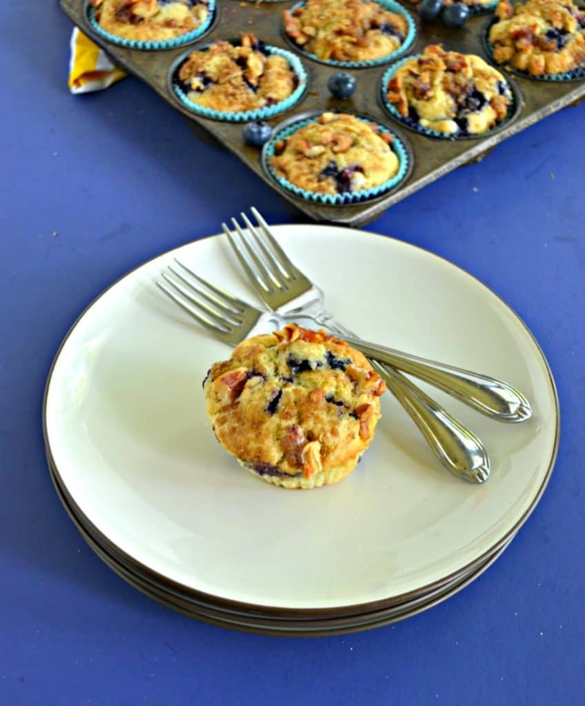A plate with a blueberry muffin on it with 2 forks on the plate in front of a muffin tin filled with blueberry muffins.