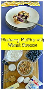 Pin Image: A blueberry muffin on a plate that is split open with a fork sitting in between the pieces and a yellow napkin in the background., text overlay, a cutting board topped with flour, blueberries, walnuts, sugar, eggs,a nd butter.